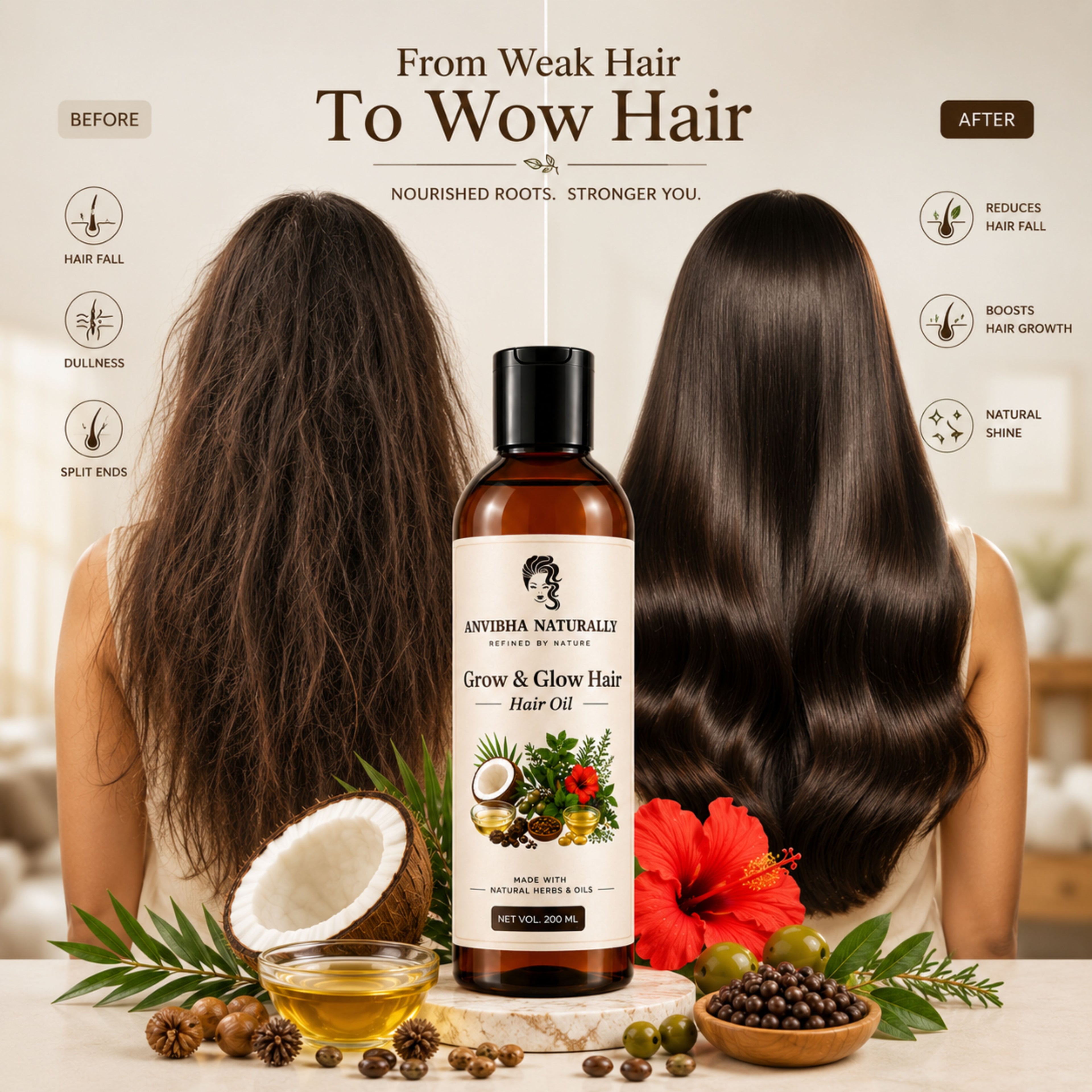 Grow & Glow Hair Oil – Cold Pressed Coconut, Castor & Olive Oil Blend