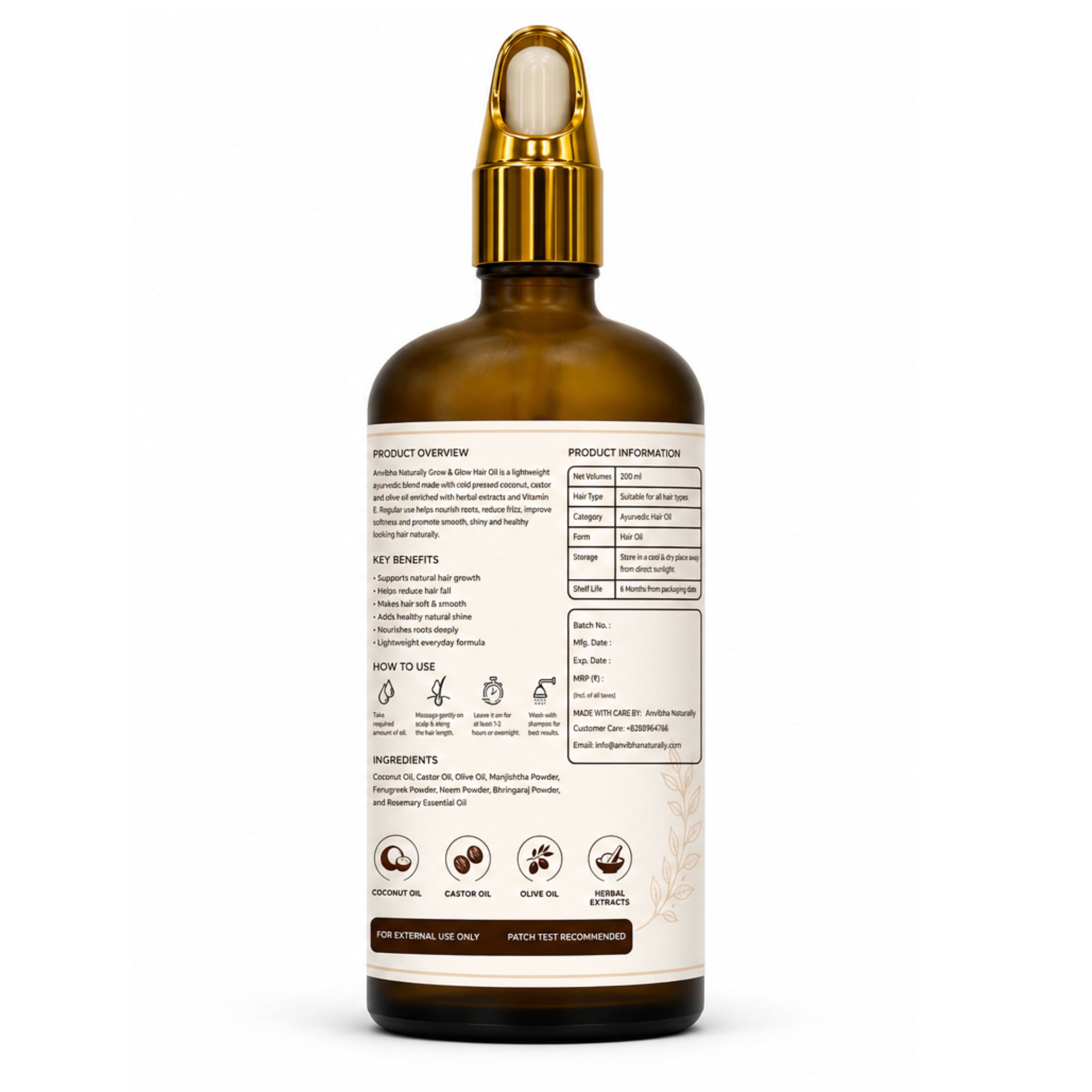 Grow & Glow Hair Oil – Cold Pressed Coconut, Castor & Olive Oil Blend