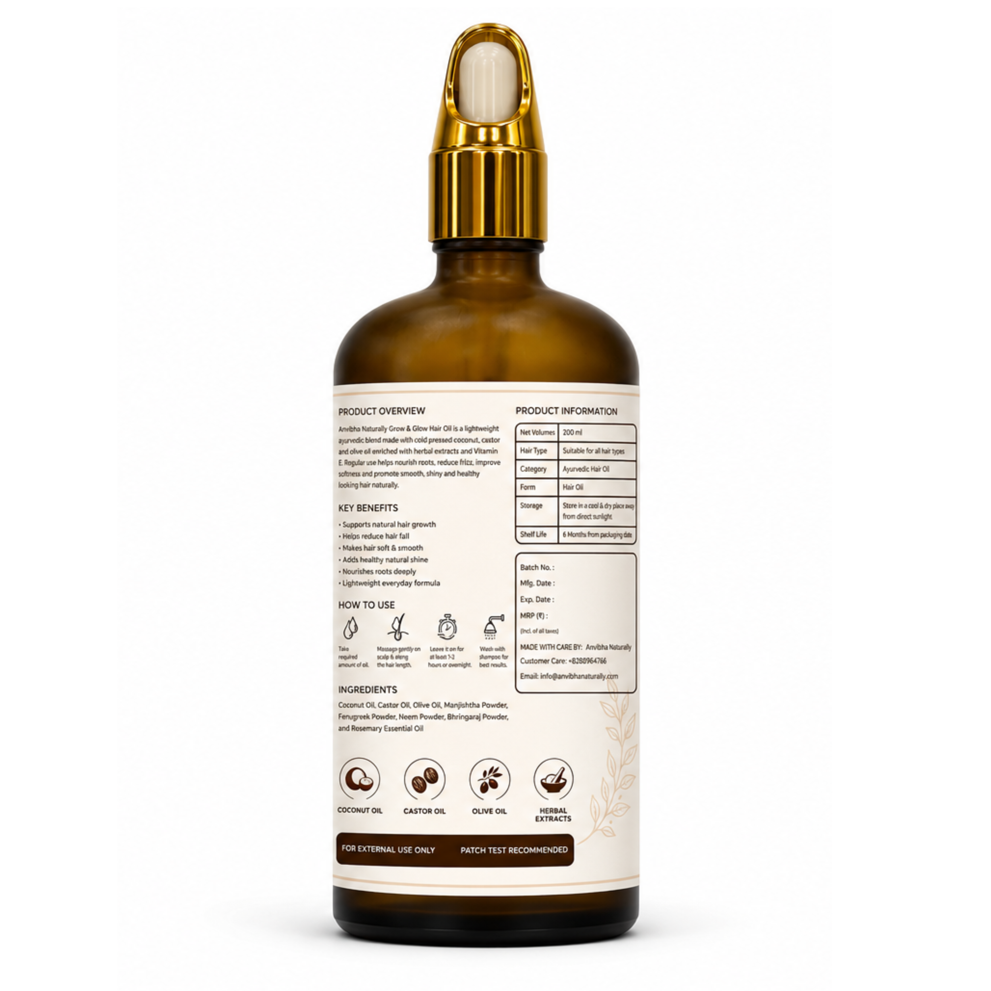 Grow & Glow Hair Oil - made by pure cold pressed coconut, castor and olive oil